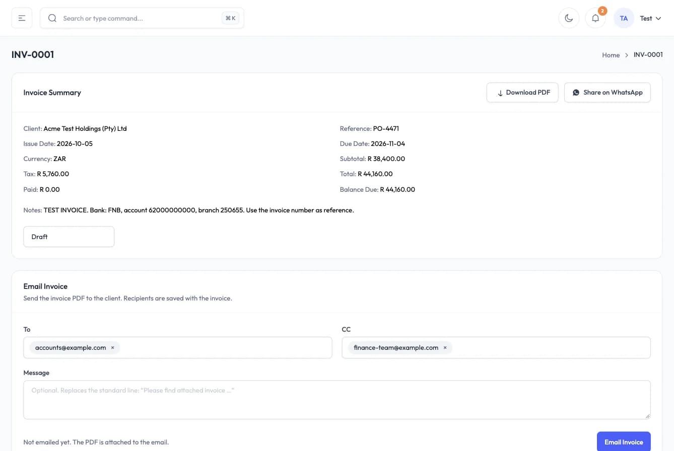 Invoice summary with PDF download, WhatsApp sharing and email