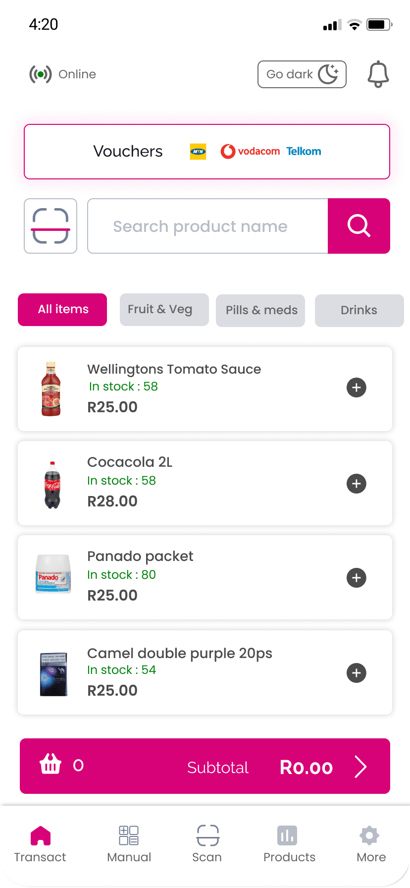 Product catalogue home screen