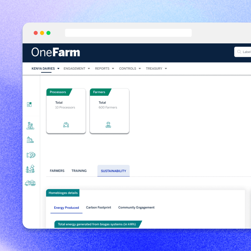 OneFarm Connect dashboard where organisations manage farmers and their data