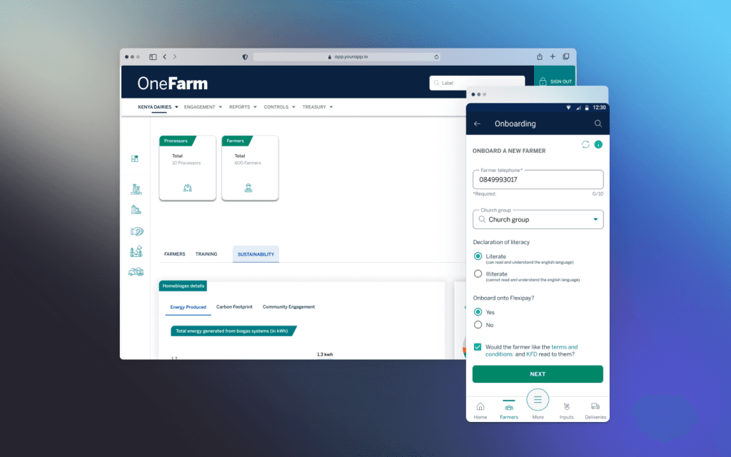 OneFarm Connect web dashboard next to the farmer onboarding screen in the mobile app