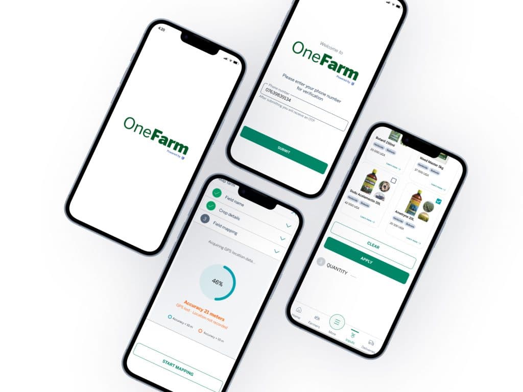 OneFarm app screens: splash screen, phone number login, GPS field mapping and input ordering